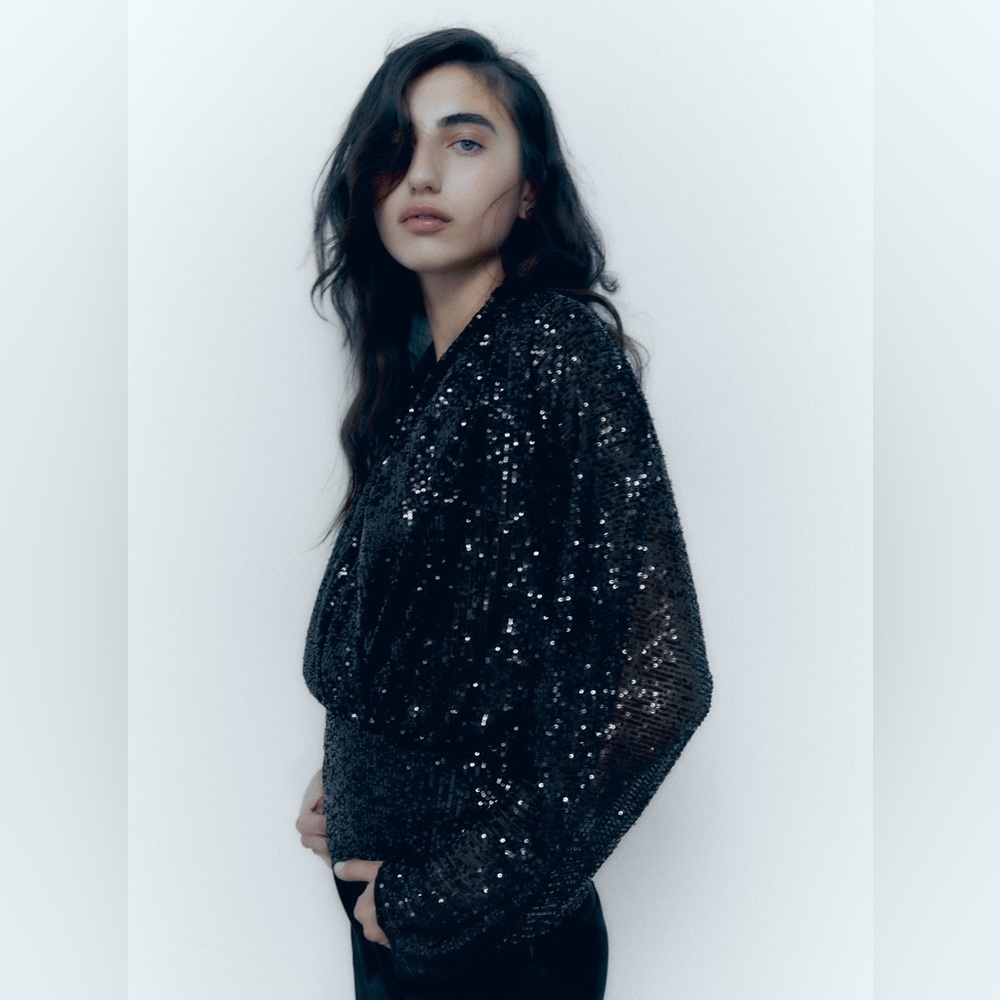 NWT Zara Draped Black Sequin Blouse - Picture 5 of 13